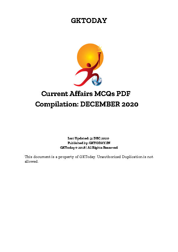 Gk Today Current Affairs MCQs Compilation- December 2020 - English Medium - Printed Notes - Notesindia