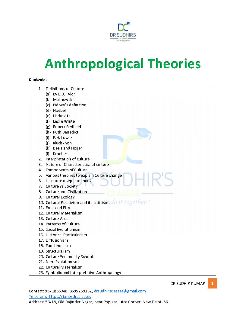 Dr Sudhir s - Anthropological Theories - English Medium - Notesindia