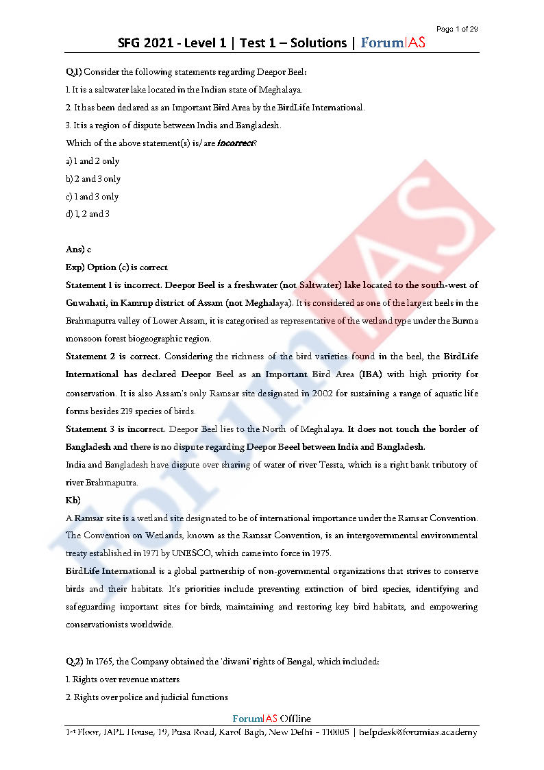 Forum Ias L1 SFG Test Series For Prelims Exam 2021 Questions With 