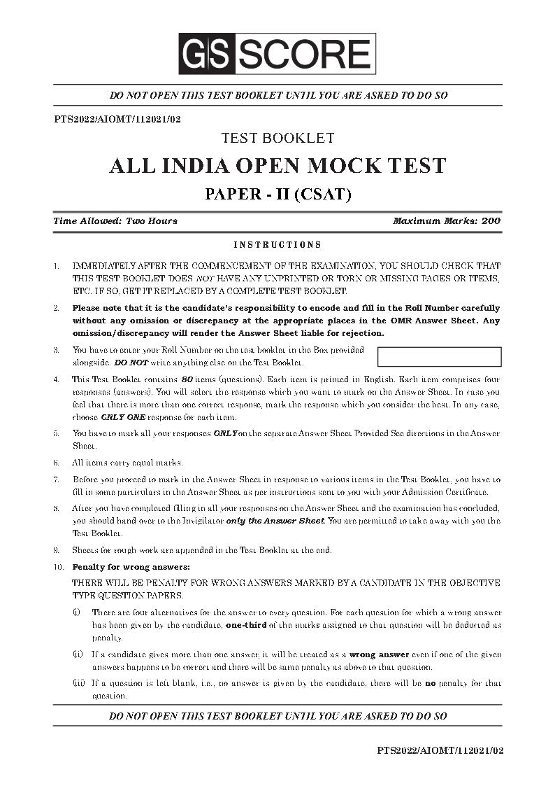 GS Score IAS-Open Mock Prelims CSAT Test Series 01 to 10-English Medium ...