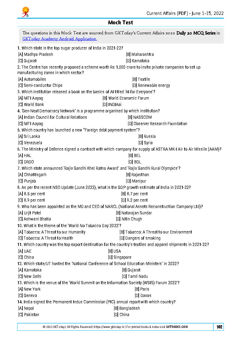 Gk Today - Monthly June Current Affairs - Quiz Compilation 2022 ...