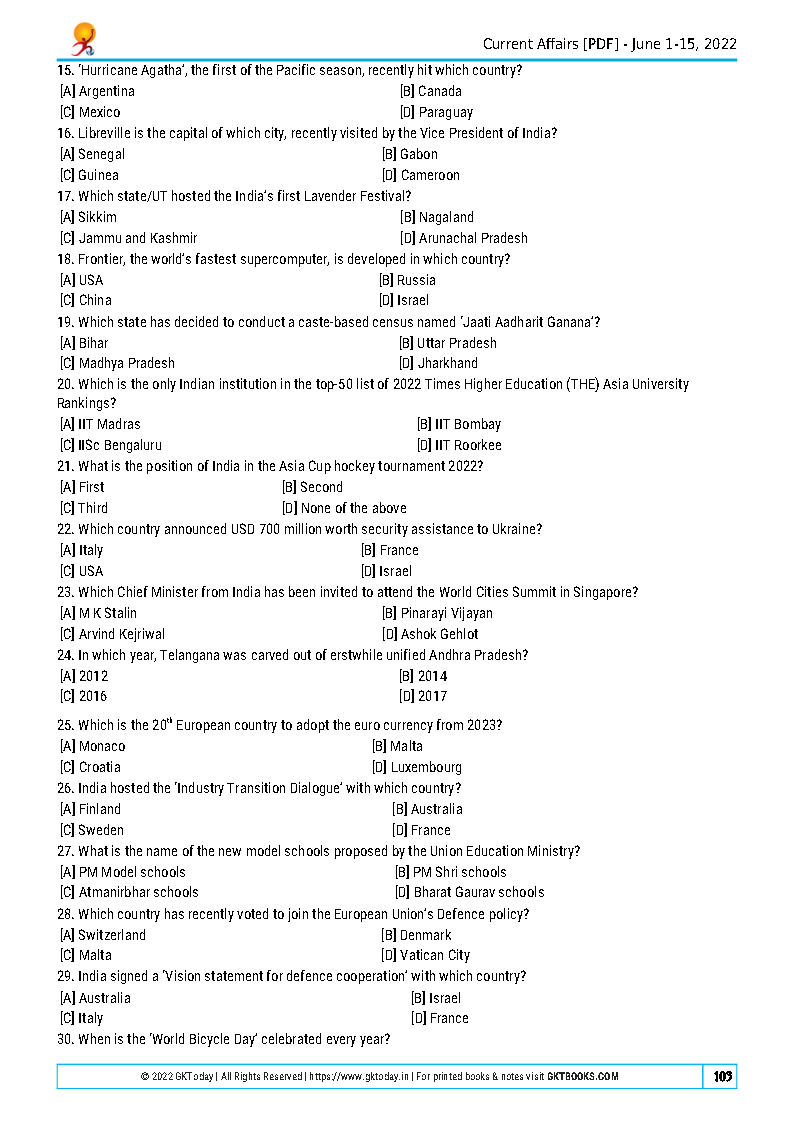 Gk Today - Monthly June Current Affairs - Quiz Compilation 2022 ...