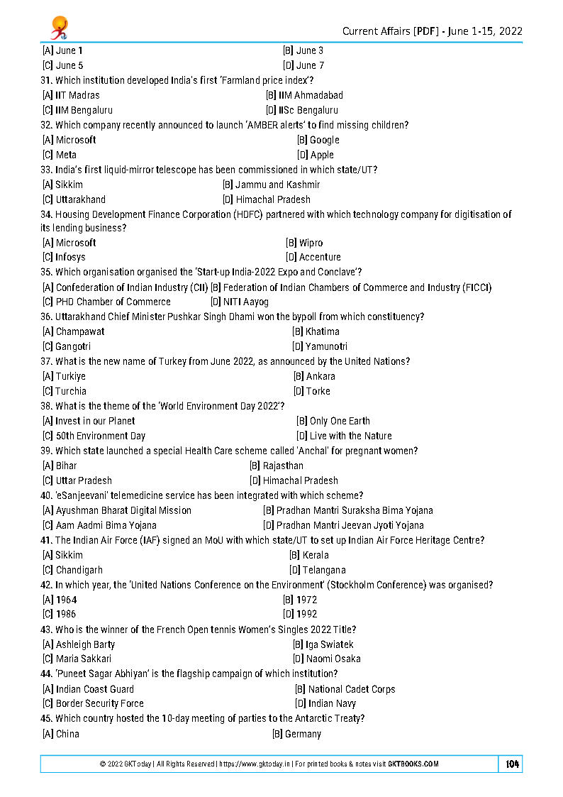 Gk Today - Monthly June Current Affairs - Quiz Compilation 2022 ...