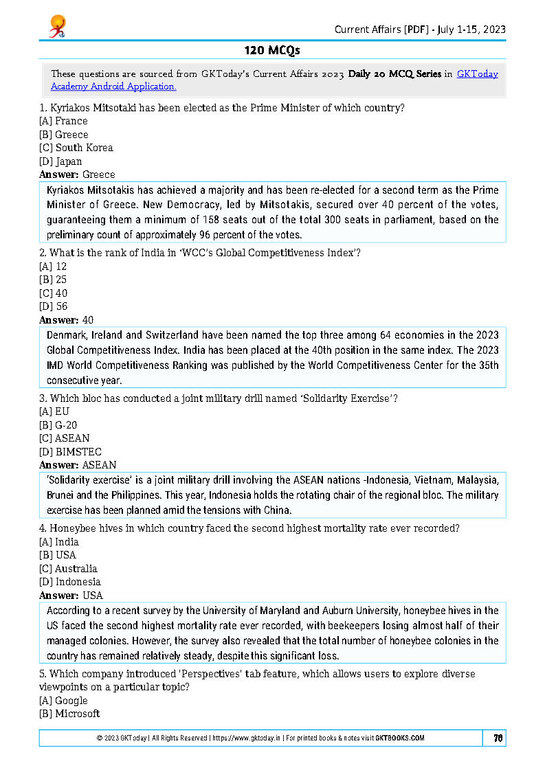 Gk Today - Monthly Current Affairs (MCQ) - Compilation July 2023 ...